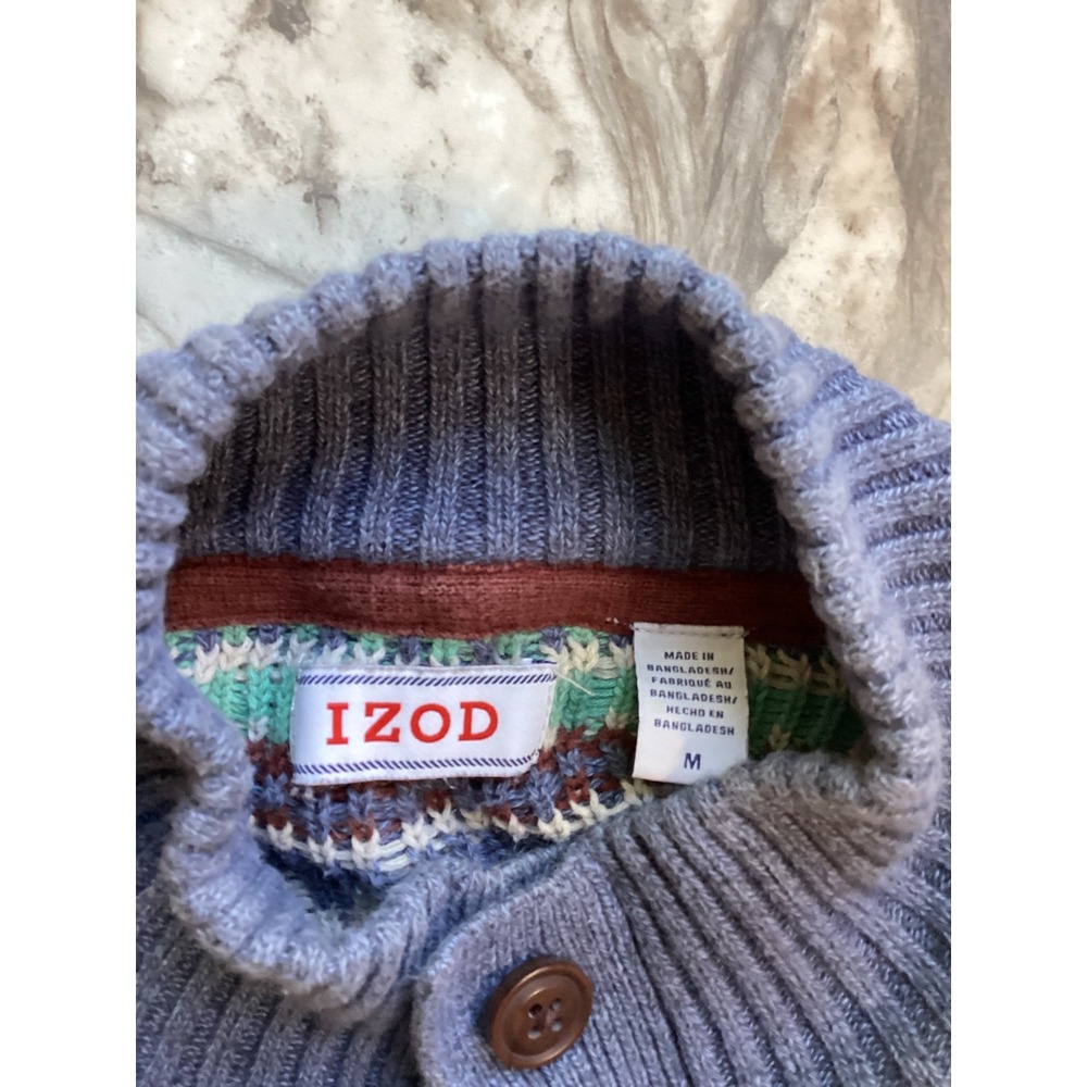 IZOD Mens Medium Blue Fair Isle 100% Cotton Quarter Button Mock Neck Sweater - Picture 3 of 7